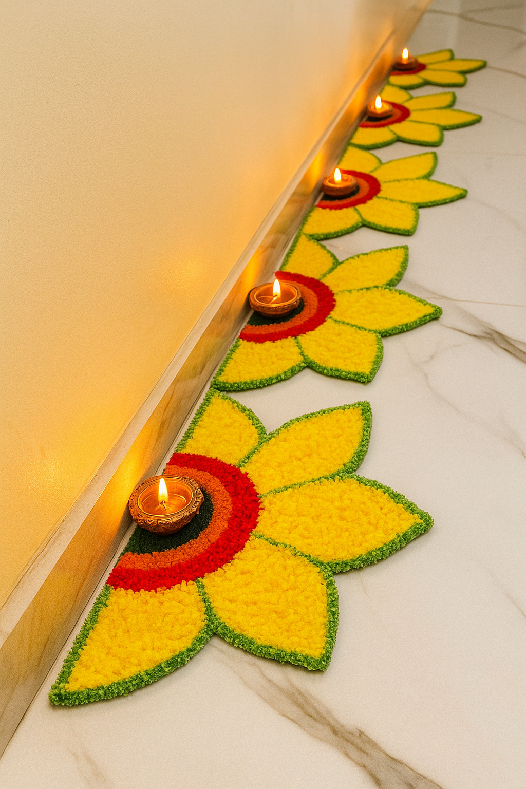 Diwali diya Yellow Flower Corner Rangoli Mats
