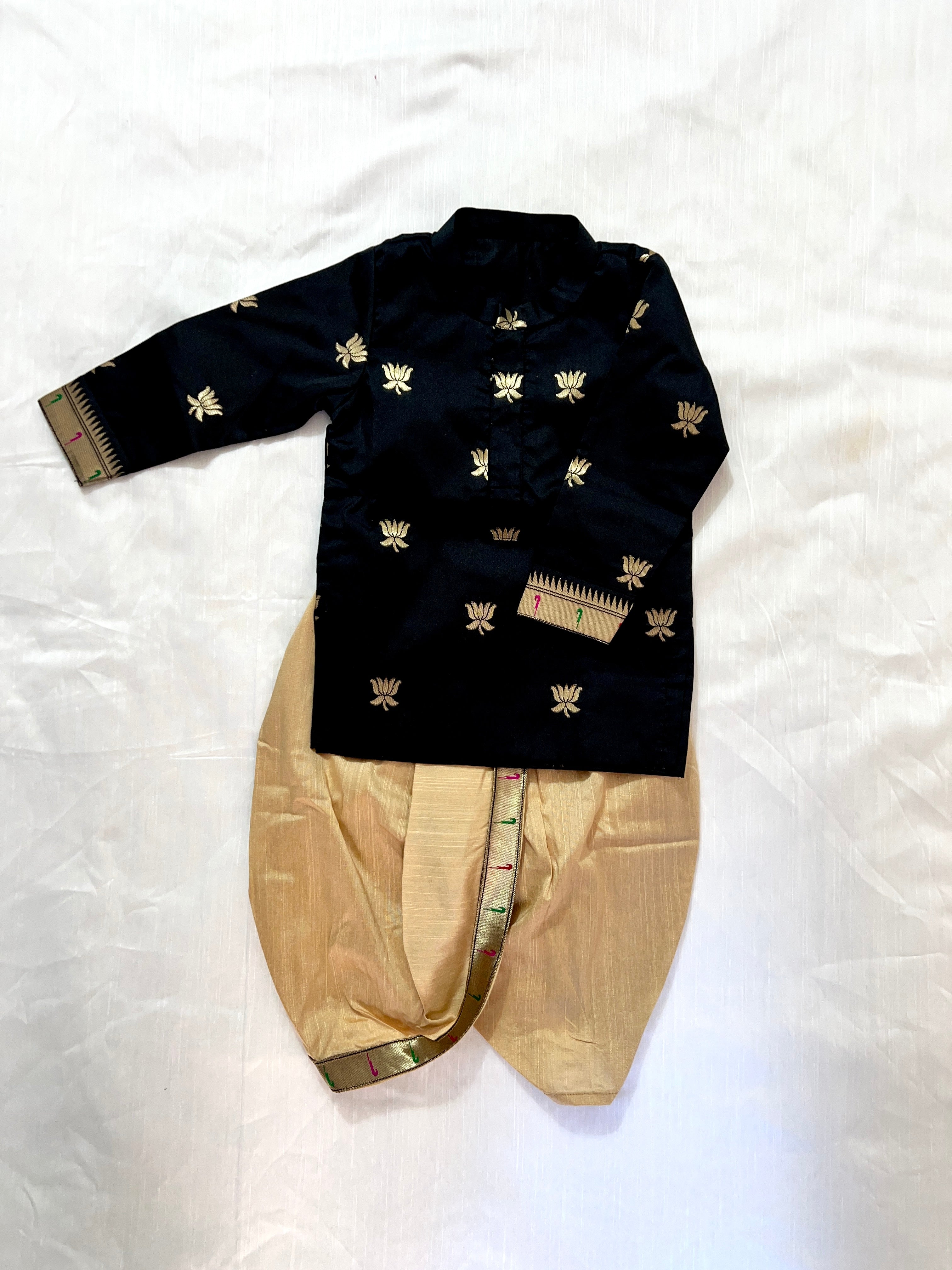 Sankrant Edition - Lotus Butta Black Kurta with Gold Dhoti