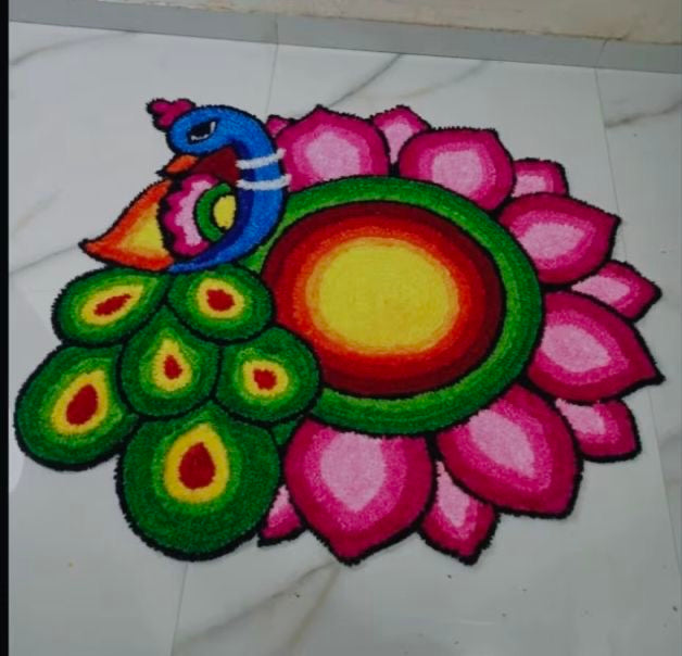 Peacock Green Feather Pink Petals Round Designs