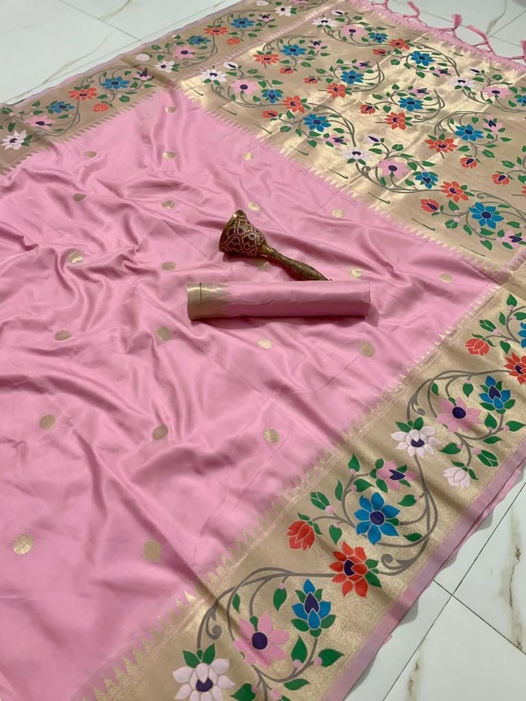 BIG Flower Border Semi Silk Paithani