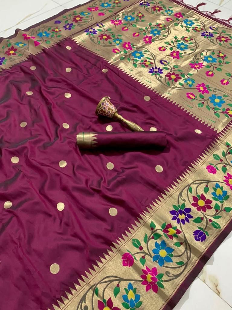 BIG Flower Border Semi Silk Paithani