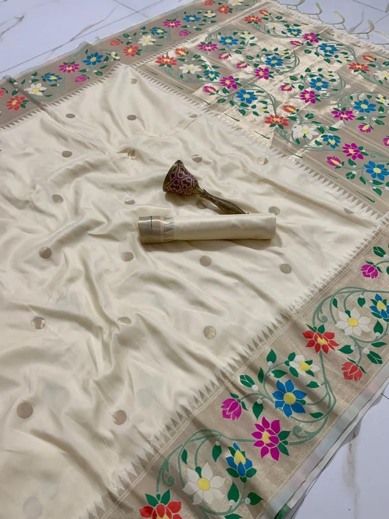 BIG Flower Border Semi Silk Paithani
