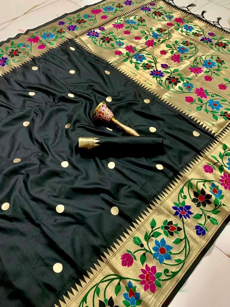 BIG Flower Border Semi Silk Paithani