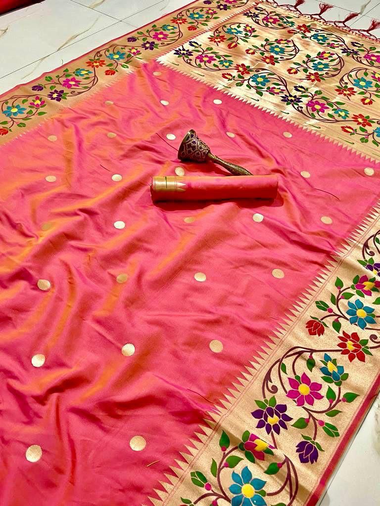 BIG Flower Border Semi Silk Paithani