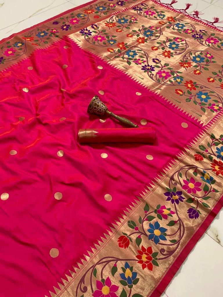 BIG Flower Border Semi Silk Paithani