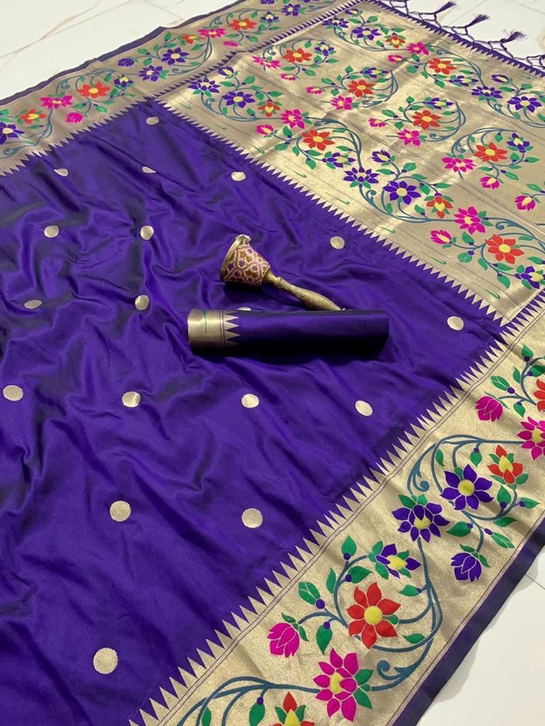 BIG Flower Border Semi Silk Paithani