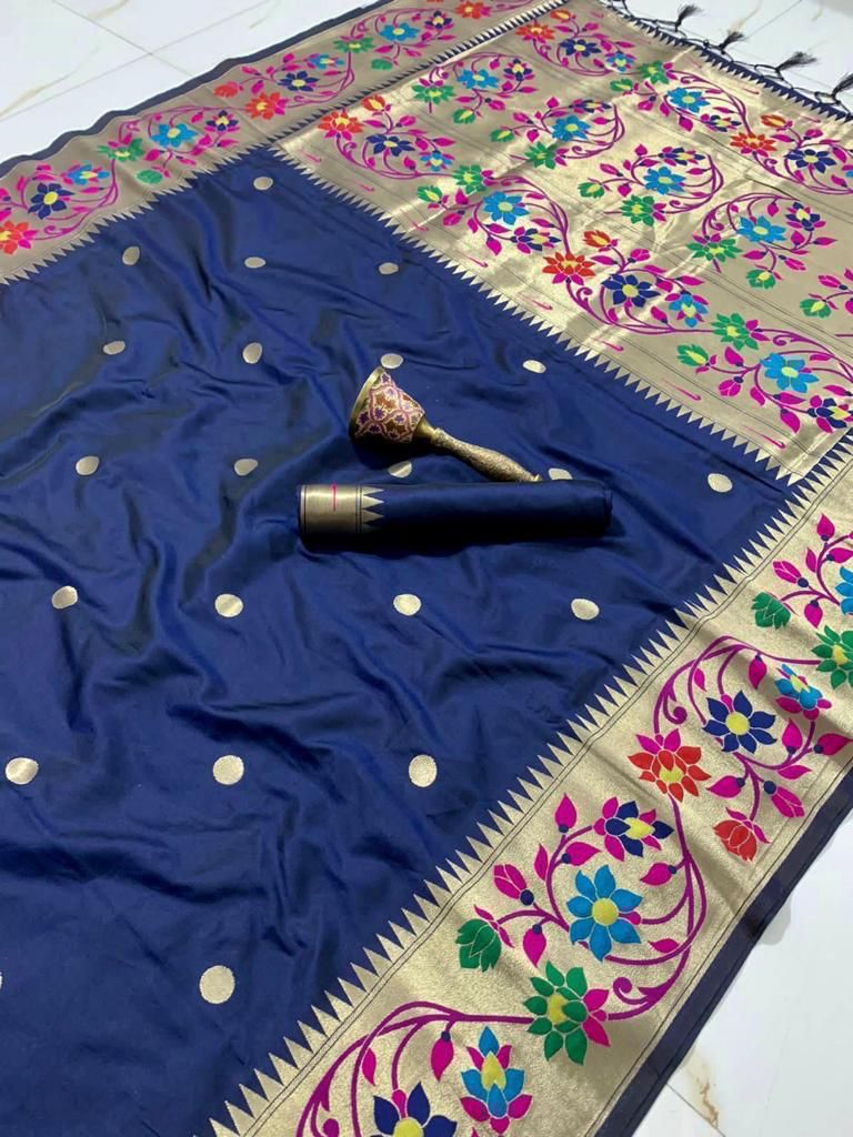 BIG Flower Border Semi Silk Paithani