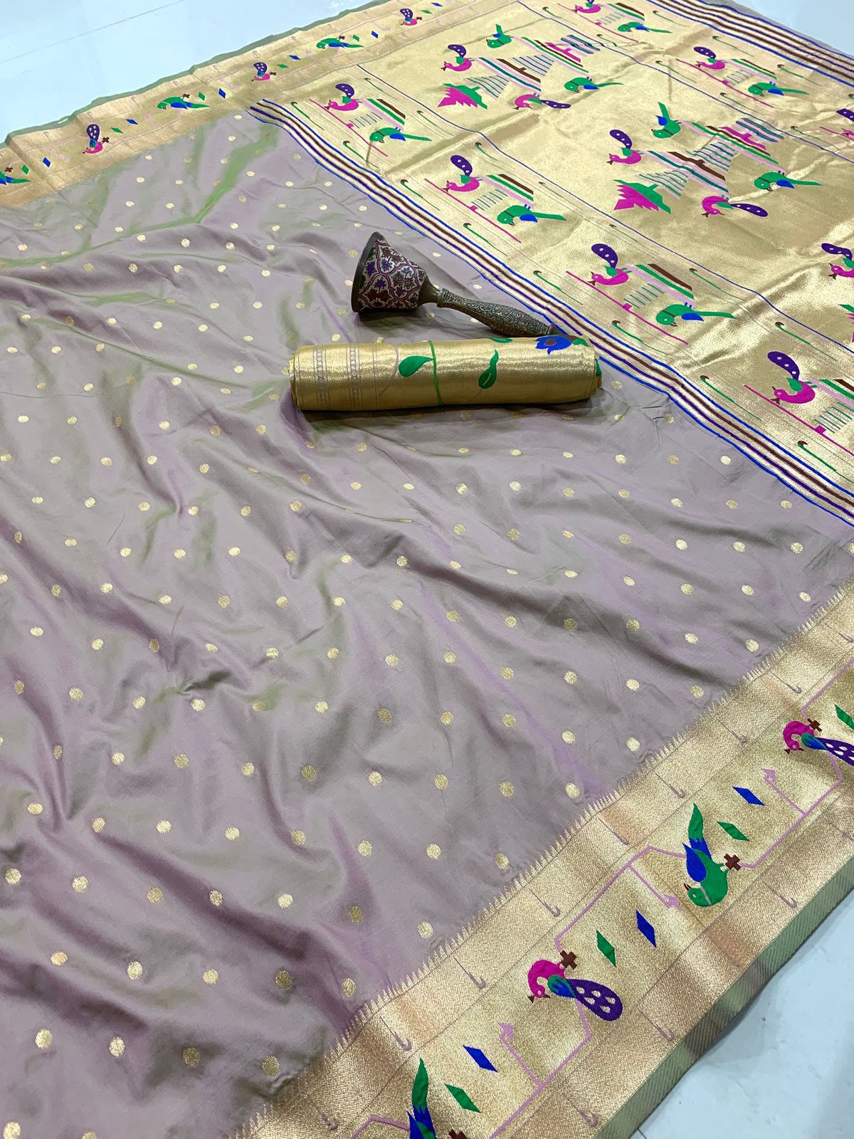 Gray two tone Mor Popat Border Semi Paithani