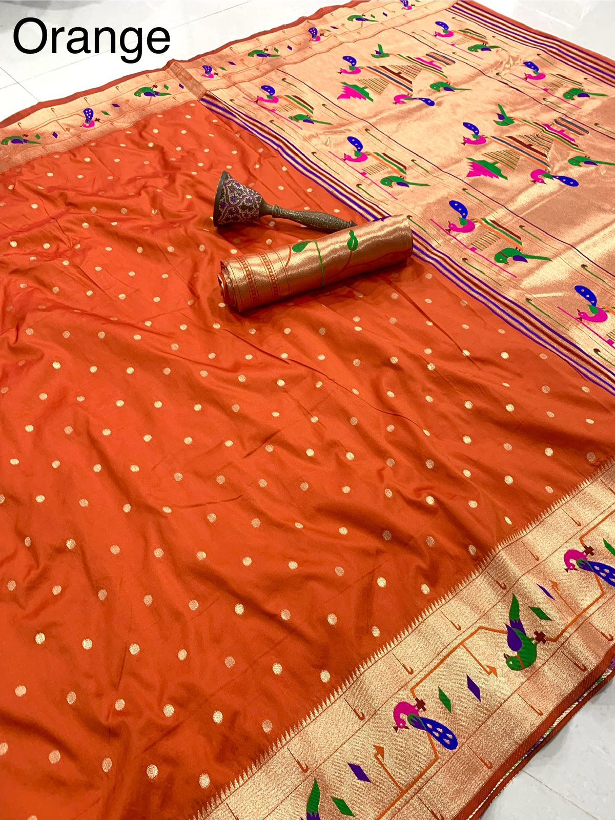 Orange Mor Popat Border Semi Paithani