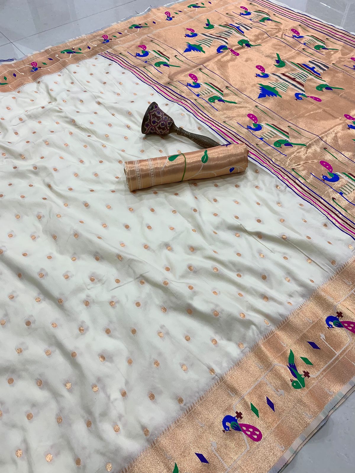 off white Mor Popat Border Semi Paithani