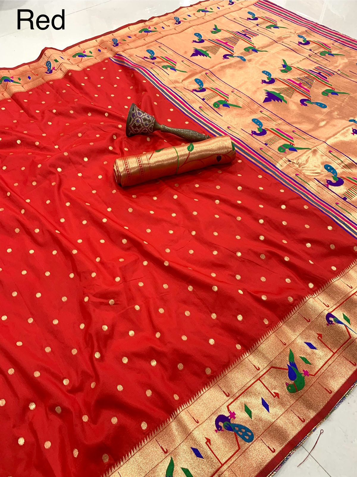 Red Mor Popat Border Semi Paithani