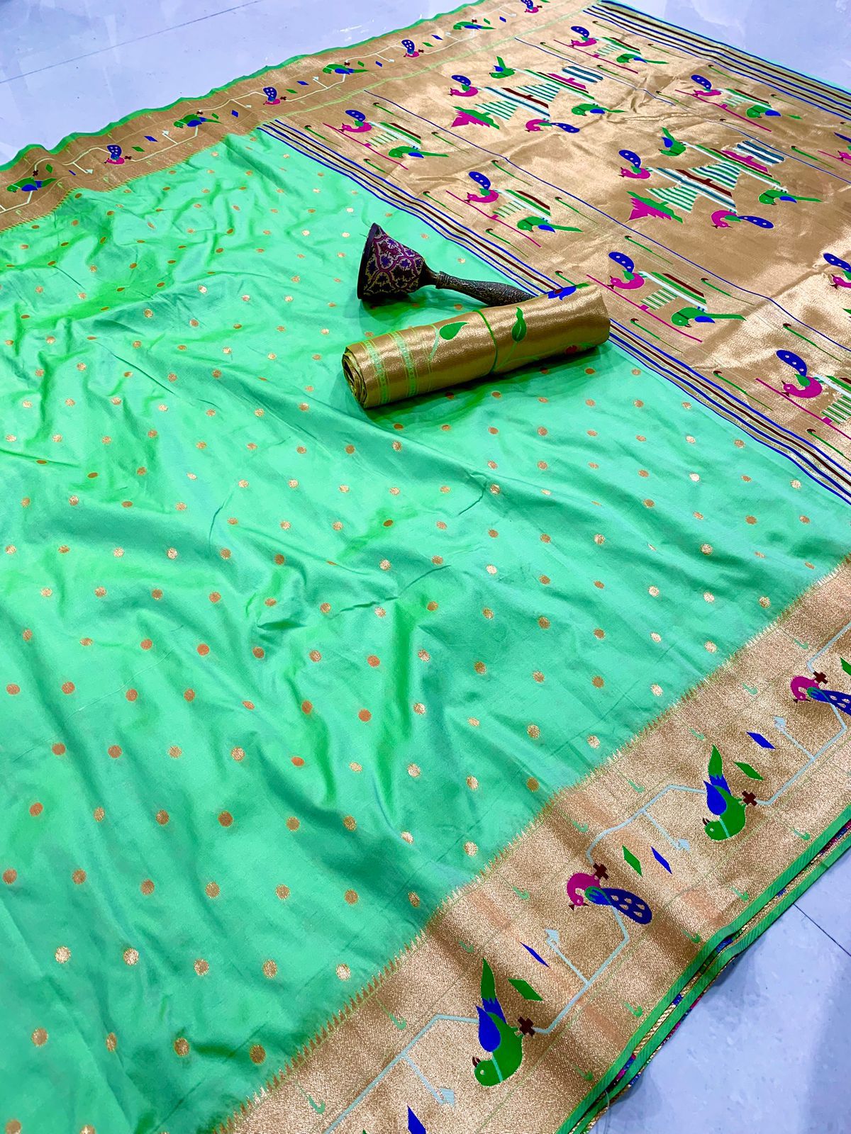 Pista green Mor Popat Border Semi Paithani