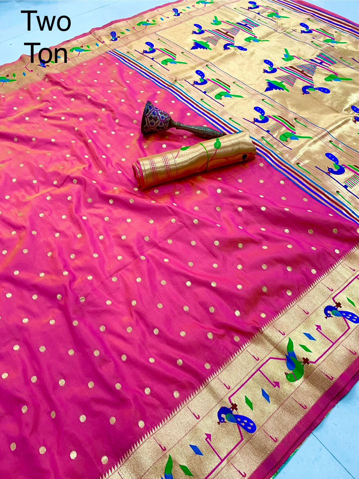 Pink Two tone Mor Popat Border Semi Paithani