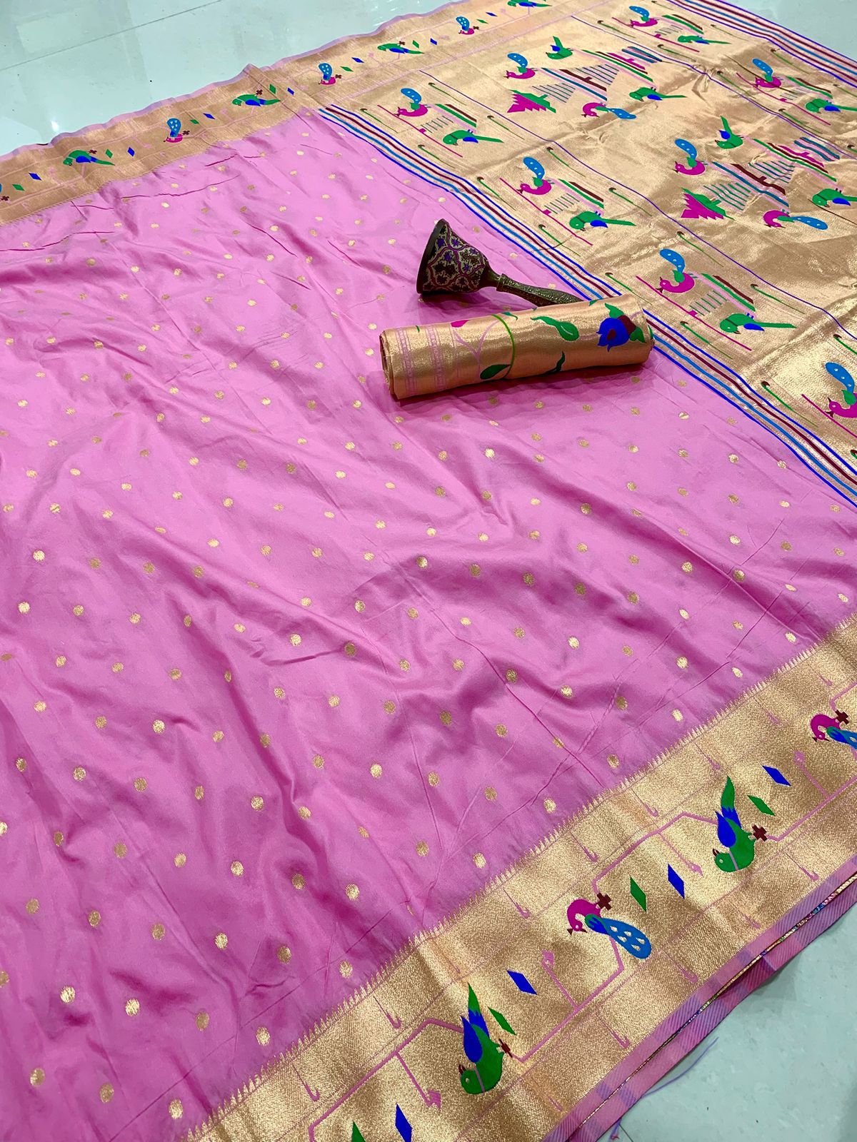 Pink Mor Popat Border Semi Paithani