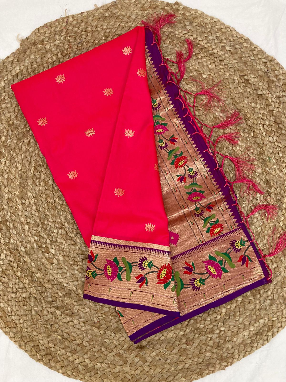 Flower Border + Flower Butti Semi Silk Paithani