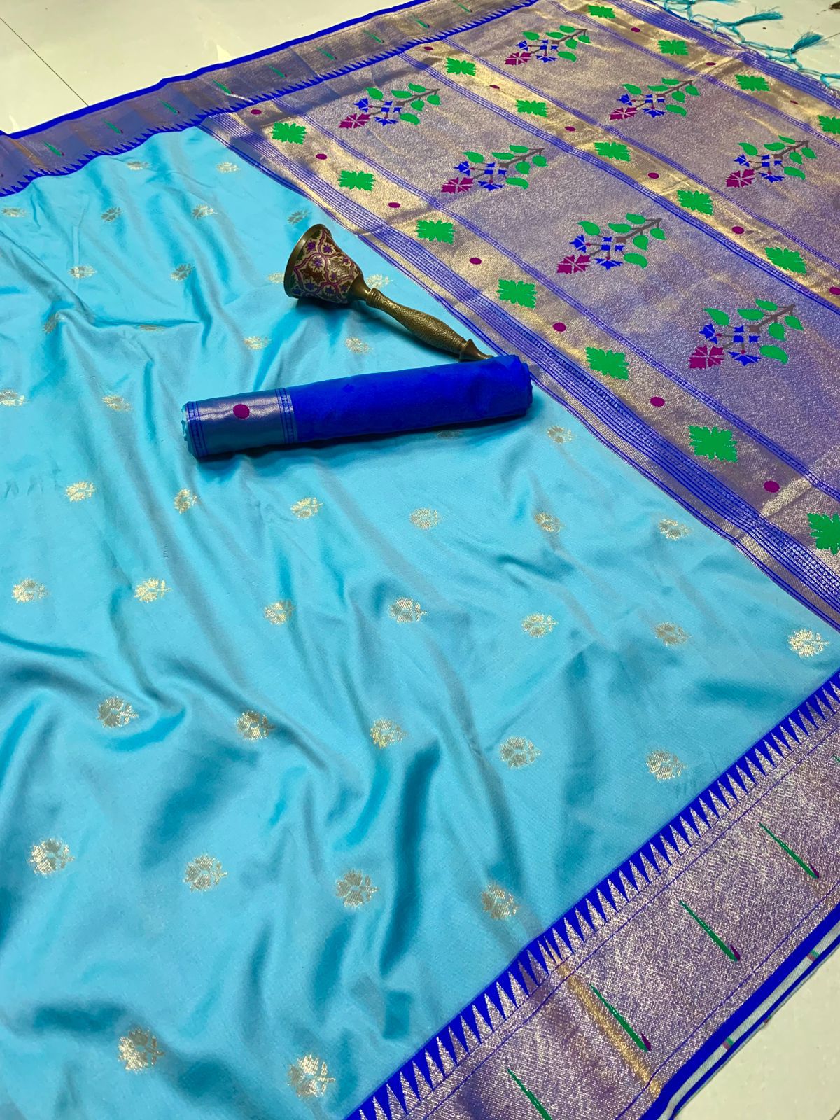 Muniya Contrast Border + Flower Butti Semi Silk Paithani