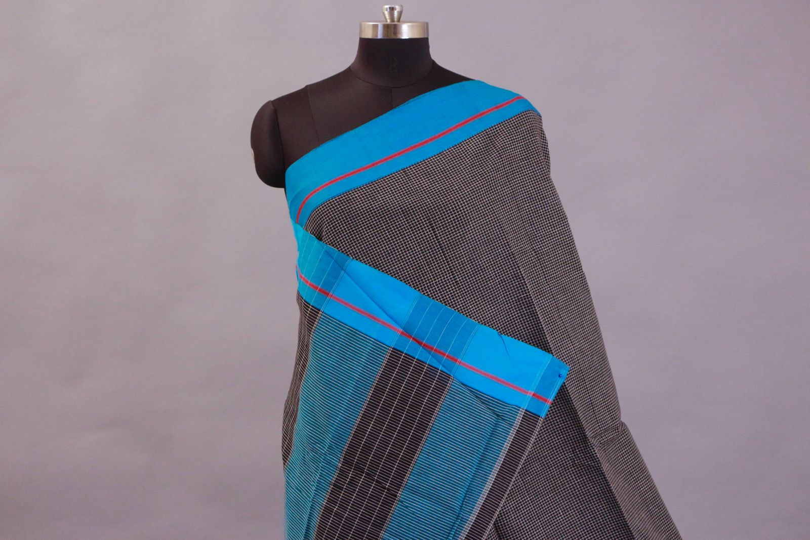 Patteda Anchu Black SKy Blue Small Checks