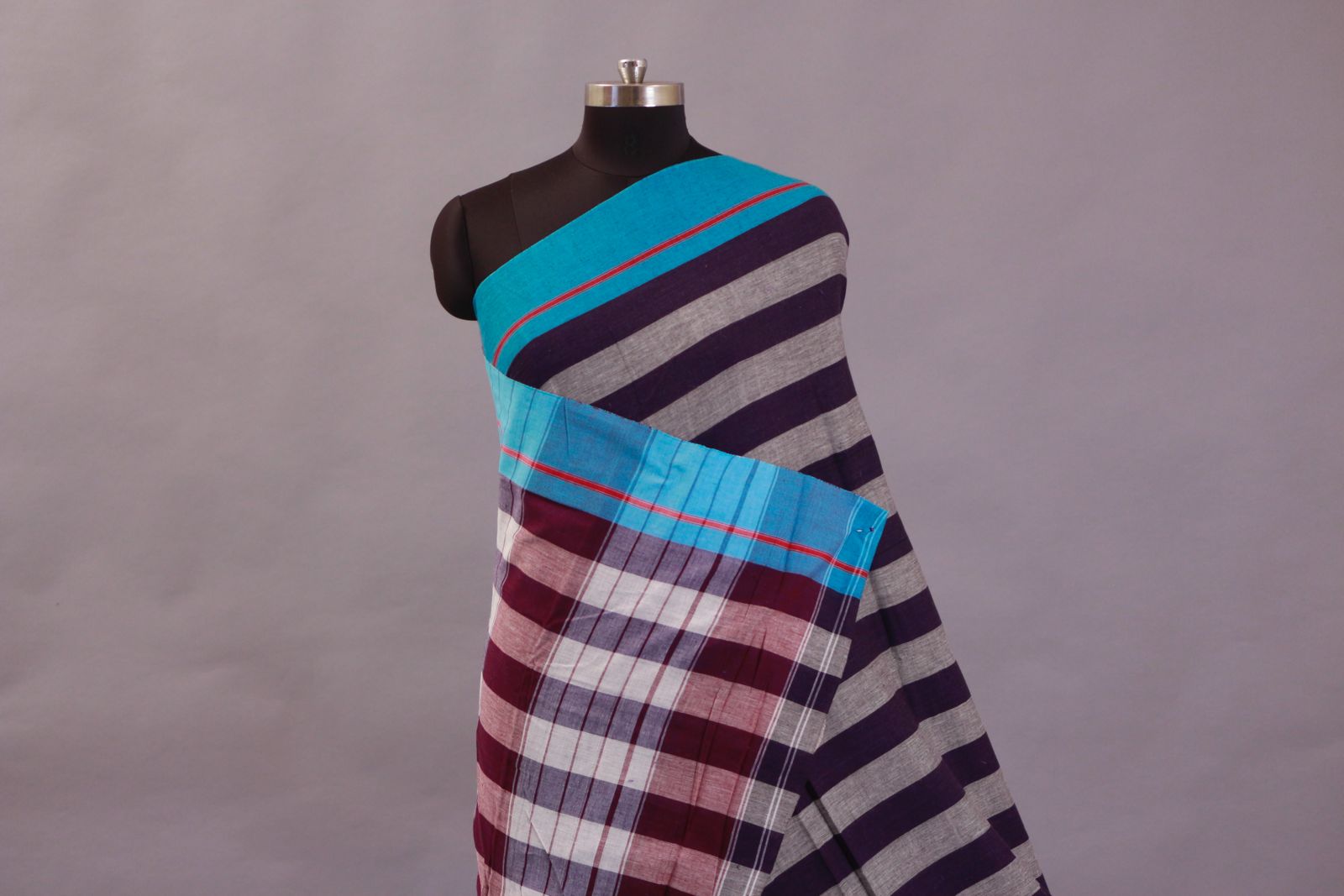 Patteda Anchu Navy Blue & Grey Lines With Sky Blue Border