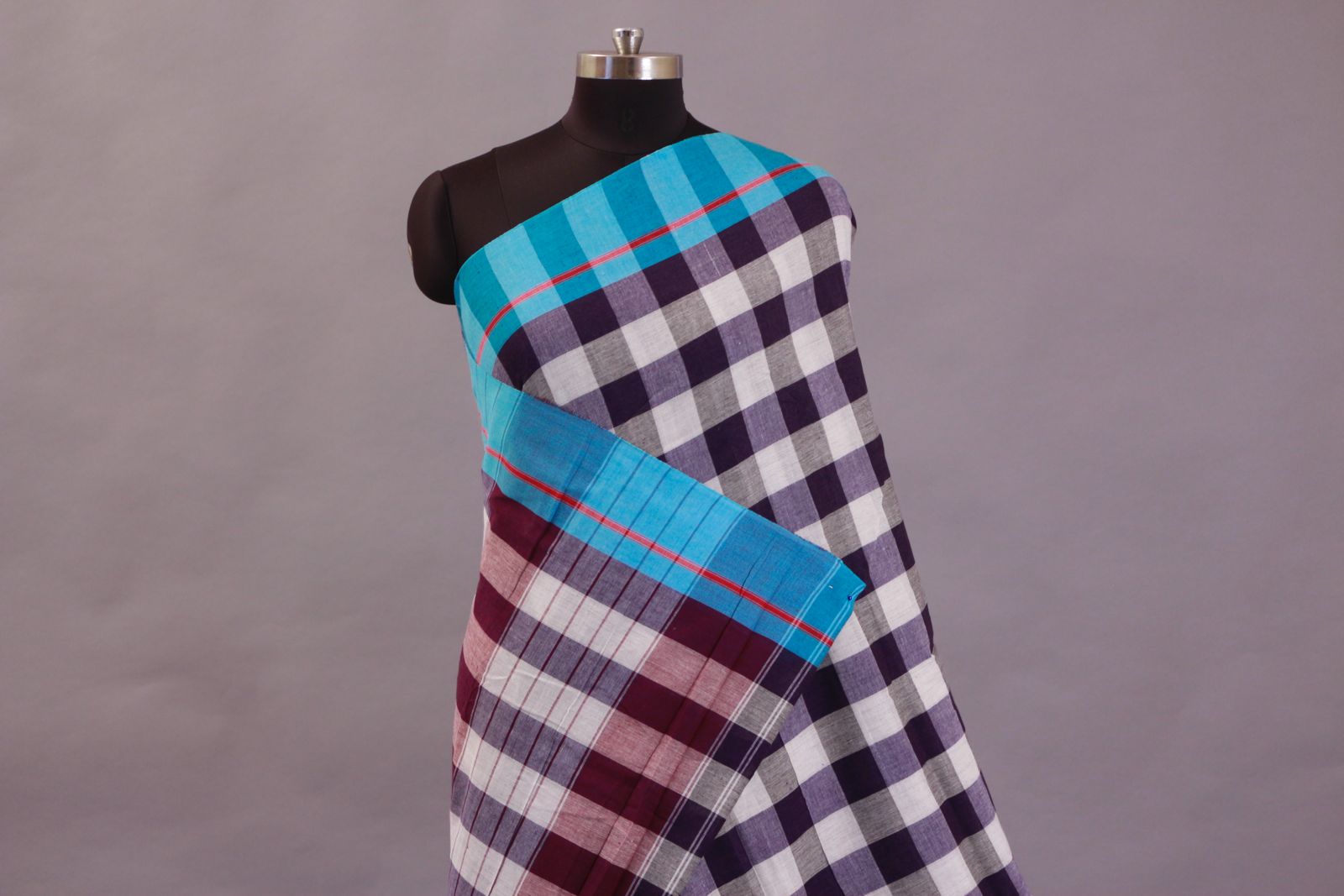 Patteda Anchu White, Grey, Blue (Big Checks) With Sky Blue Border