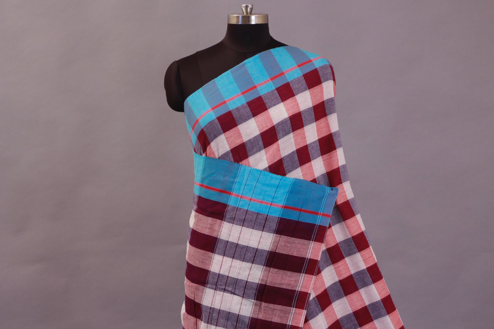 Patteda Anchu White, Grey, Maroon  (Big Checks) With Sky Blue Border