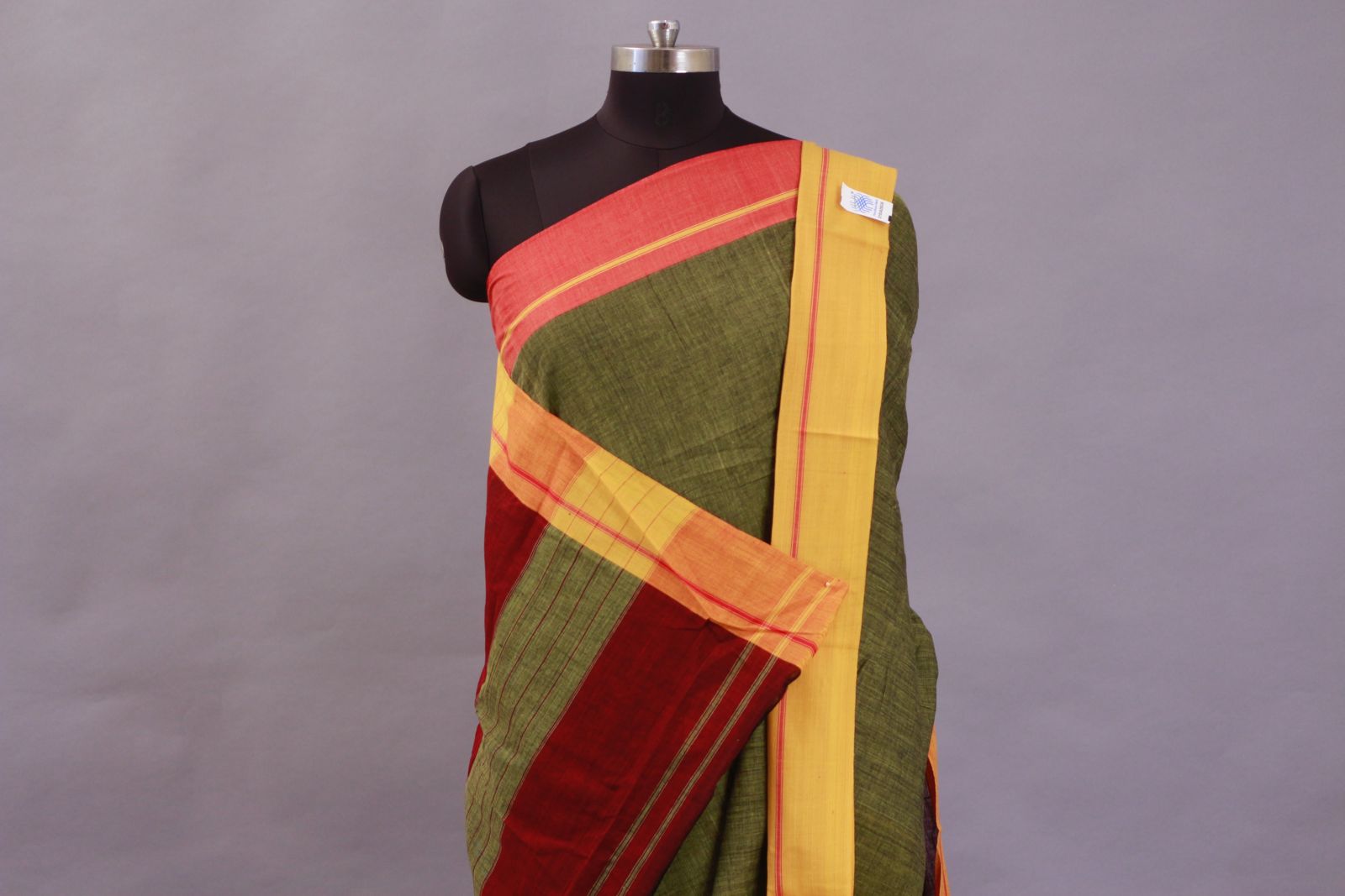Patteda Anchu Olive Green, With Yellow & Red Border Plain