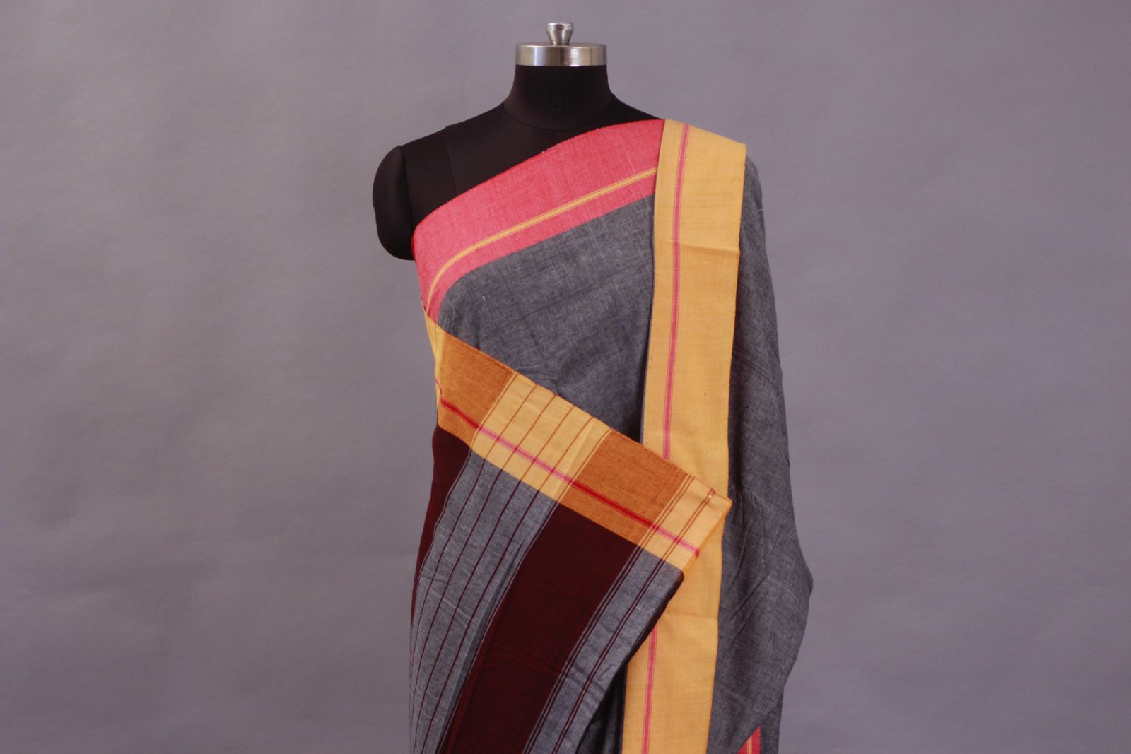 Patteda Anchu Grey, Yellow & Red Border Plain