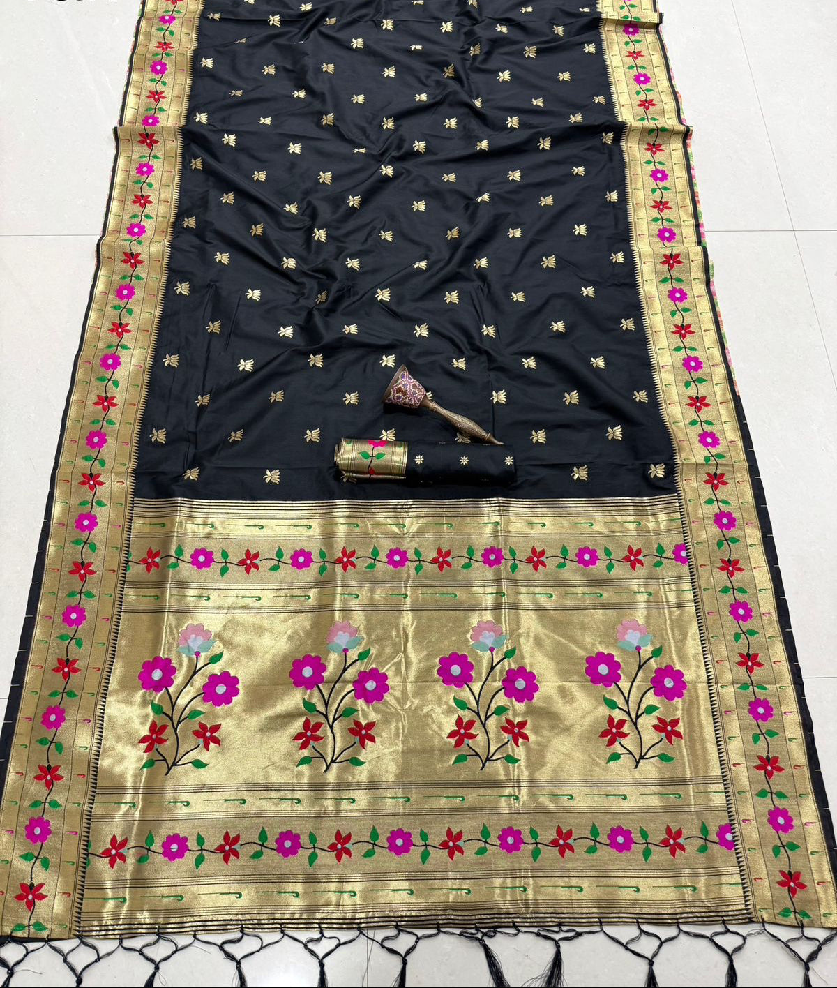 Sankrant special Black Lotus Butta and Floral Border Semi Silk Paithani