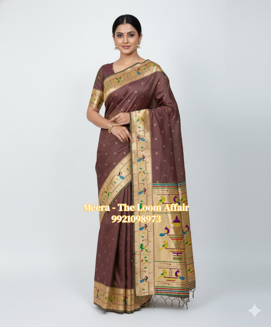 Brown Mor Popat Border Flower Butti Paithani