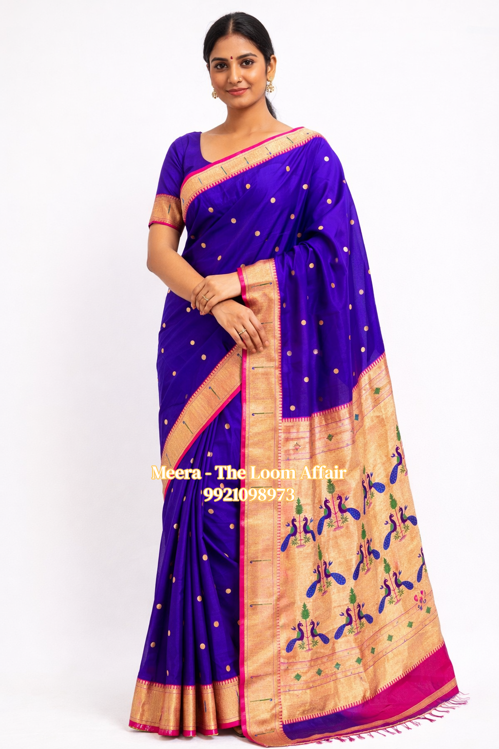 Royal Blue Contrast Border Muniya  Semi Silk Paithani
