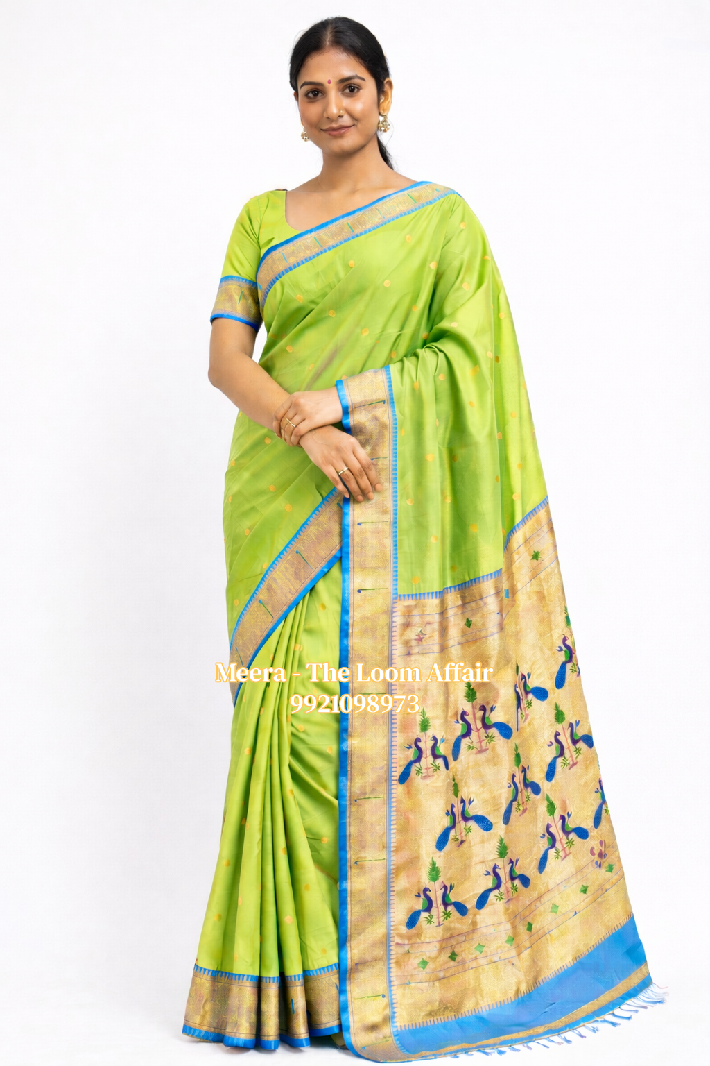 Parrot Green Contrast Border Muniya  Semi Silk Paithani