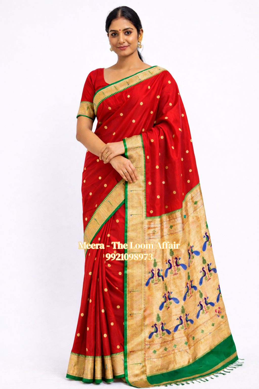 Red Contrast Border Muniya  Semi Silk Paithani