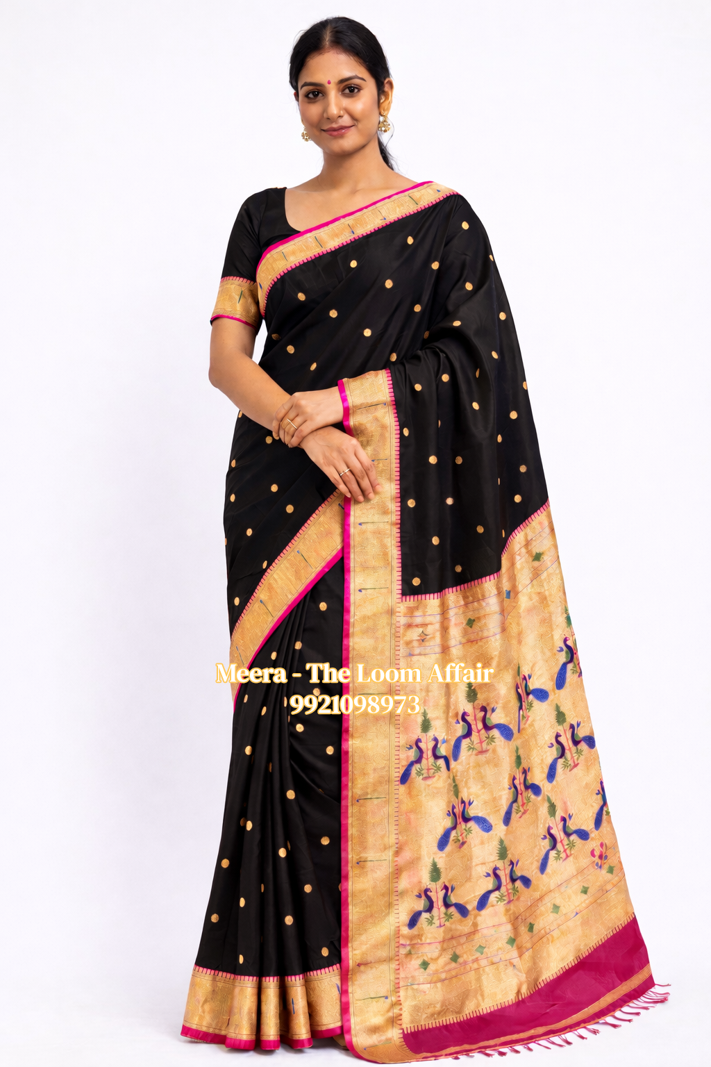 Black Contrast Border Muniya  Semi Silk Paithani