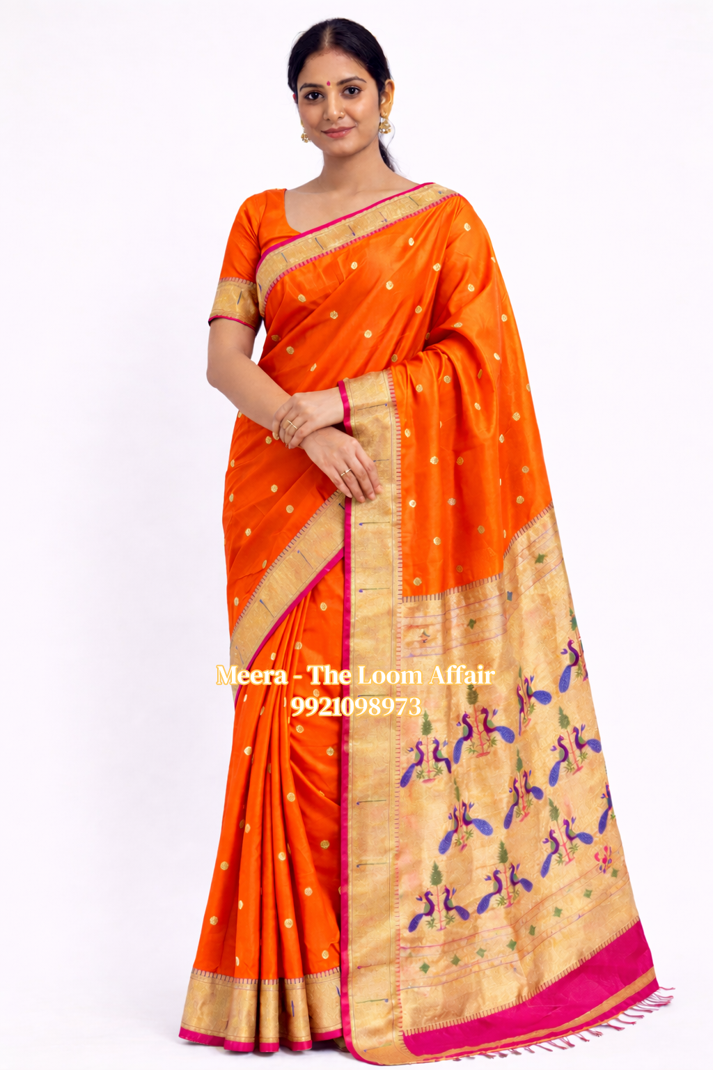Orange Contrast Border Muniya  Semi Silk Paithani