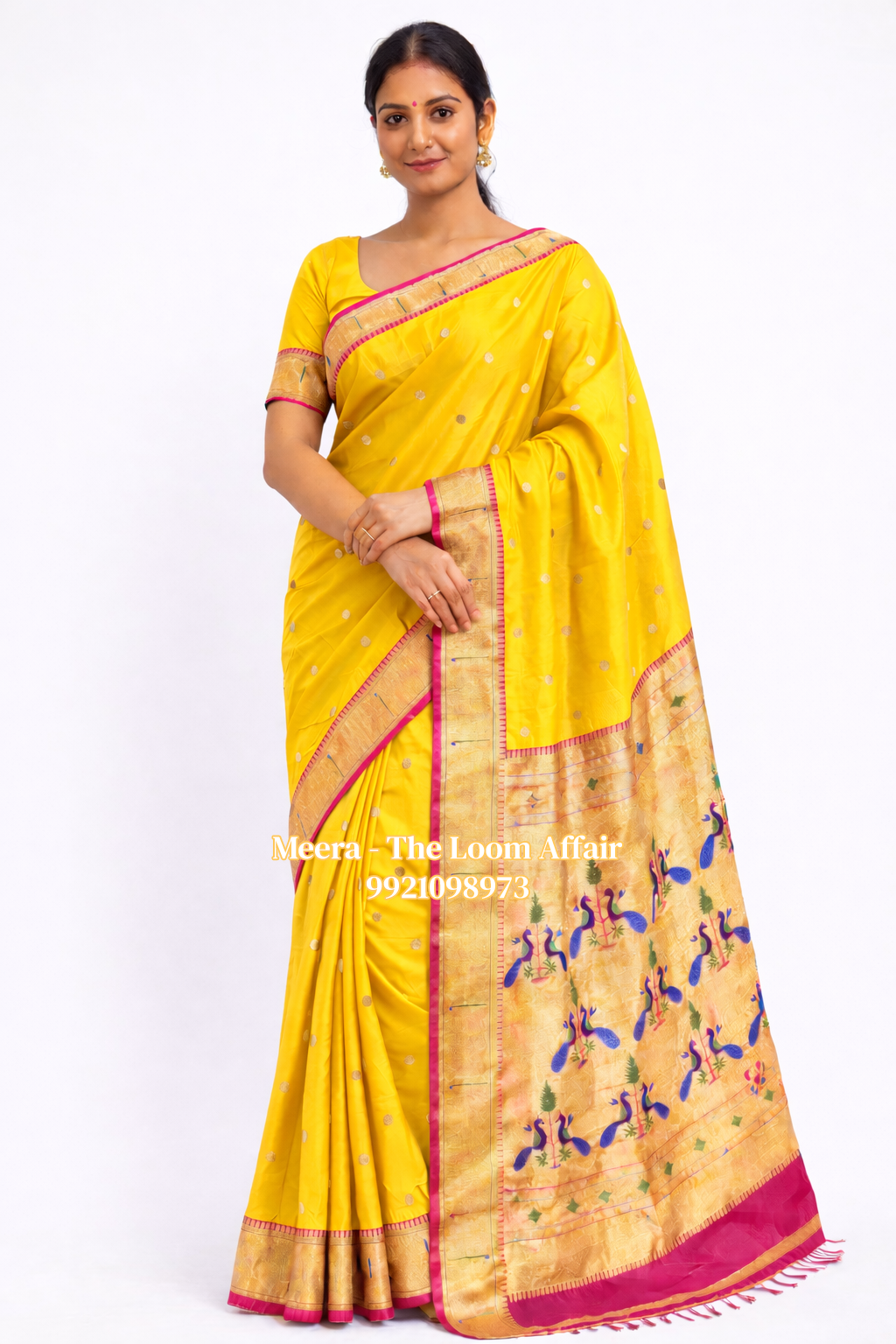 Yellow Contrast Border Muniya  Semi Silk Paithani
