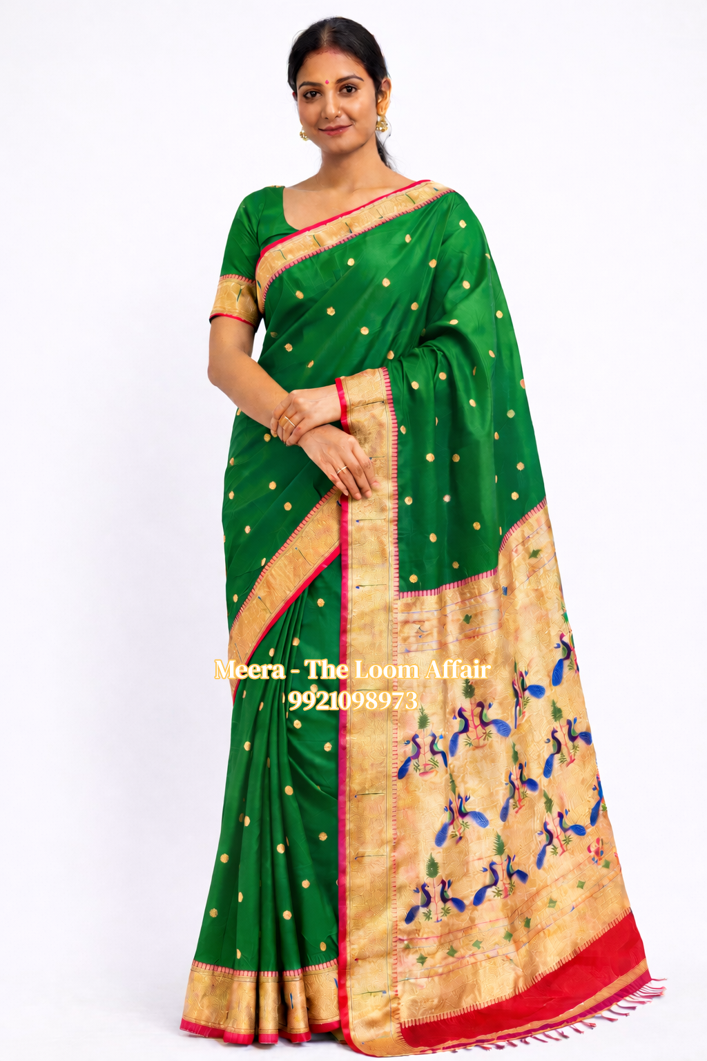 Green Contrast Border Muniya  Semi Silk Paithani