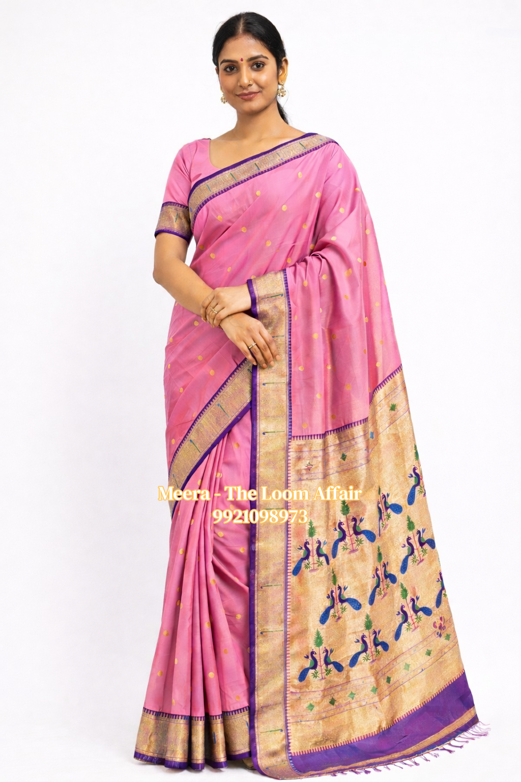 Pink Contrast Border Muniya  Semi Silk Paithani