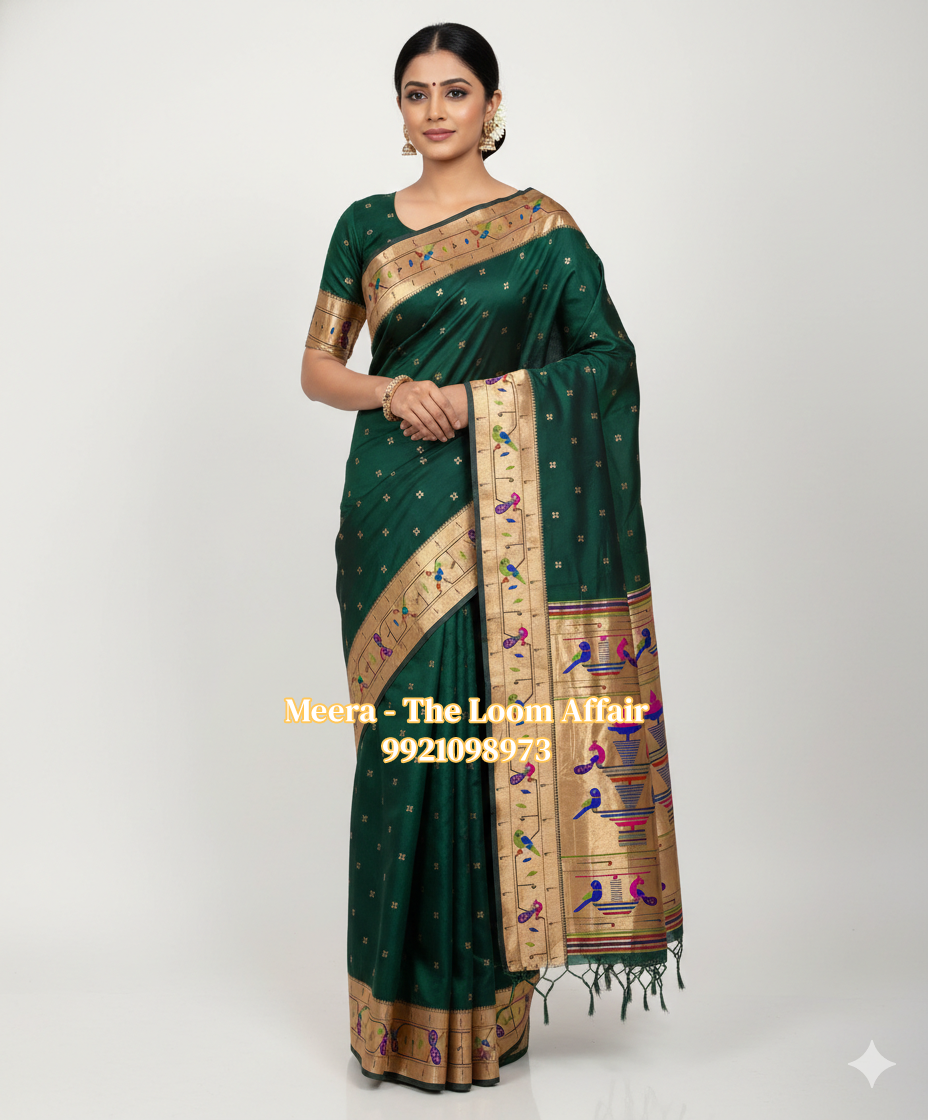 Dark Green Mor Popat Border Flower Butti Paithani