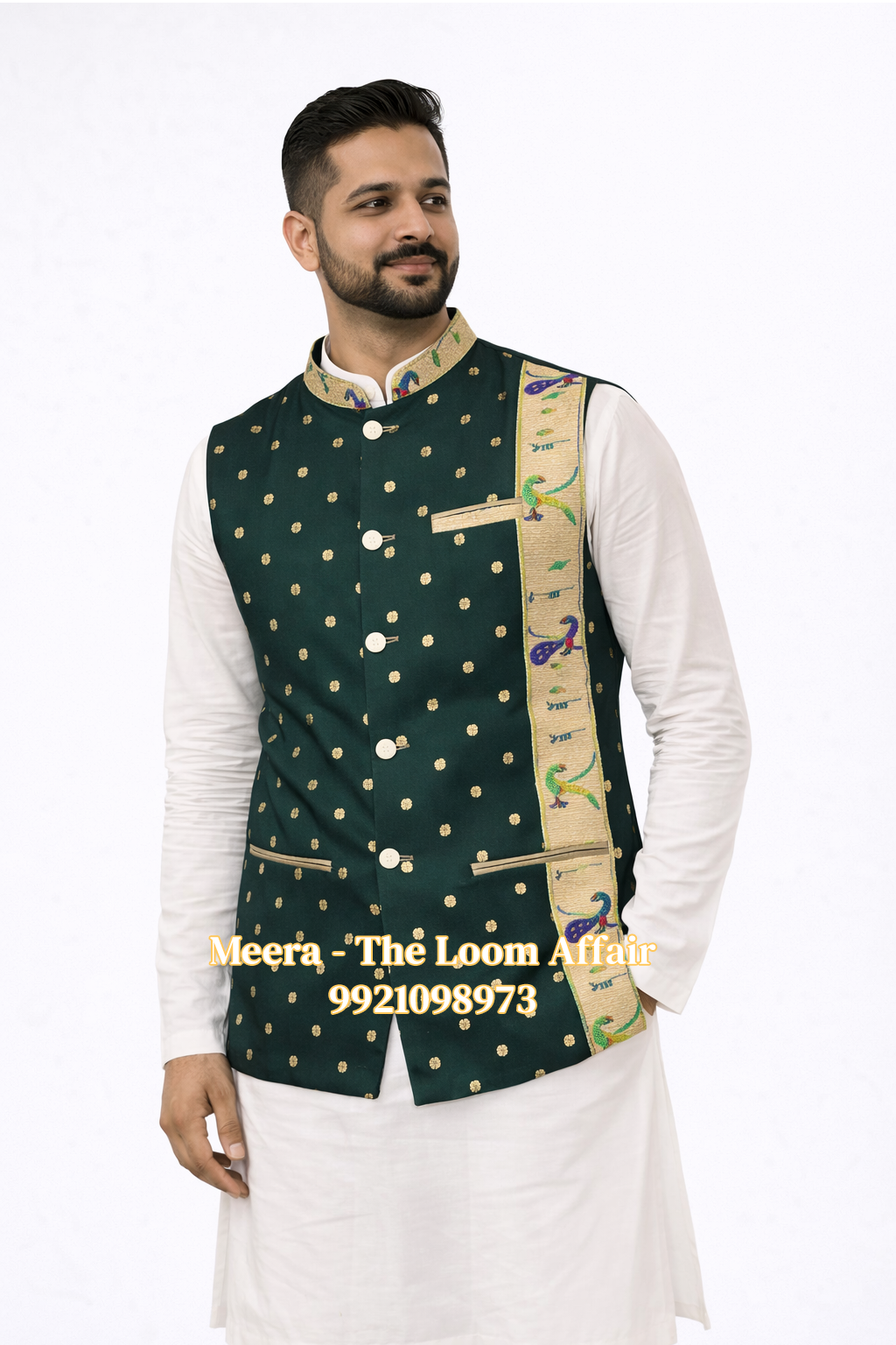 Dark Green MorPopat Border Paithani Jacket Gents