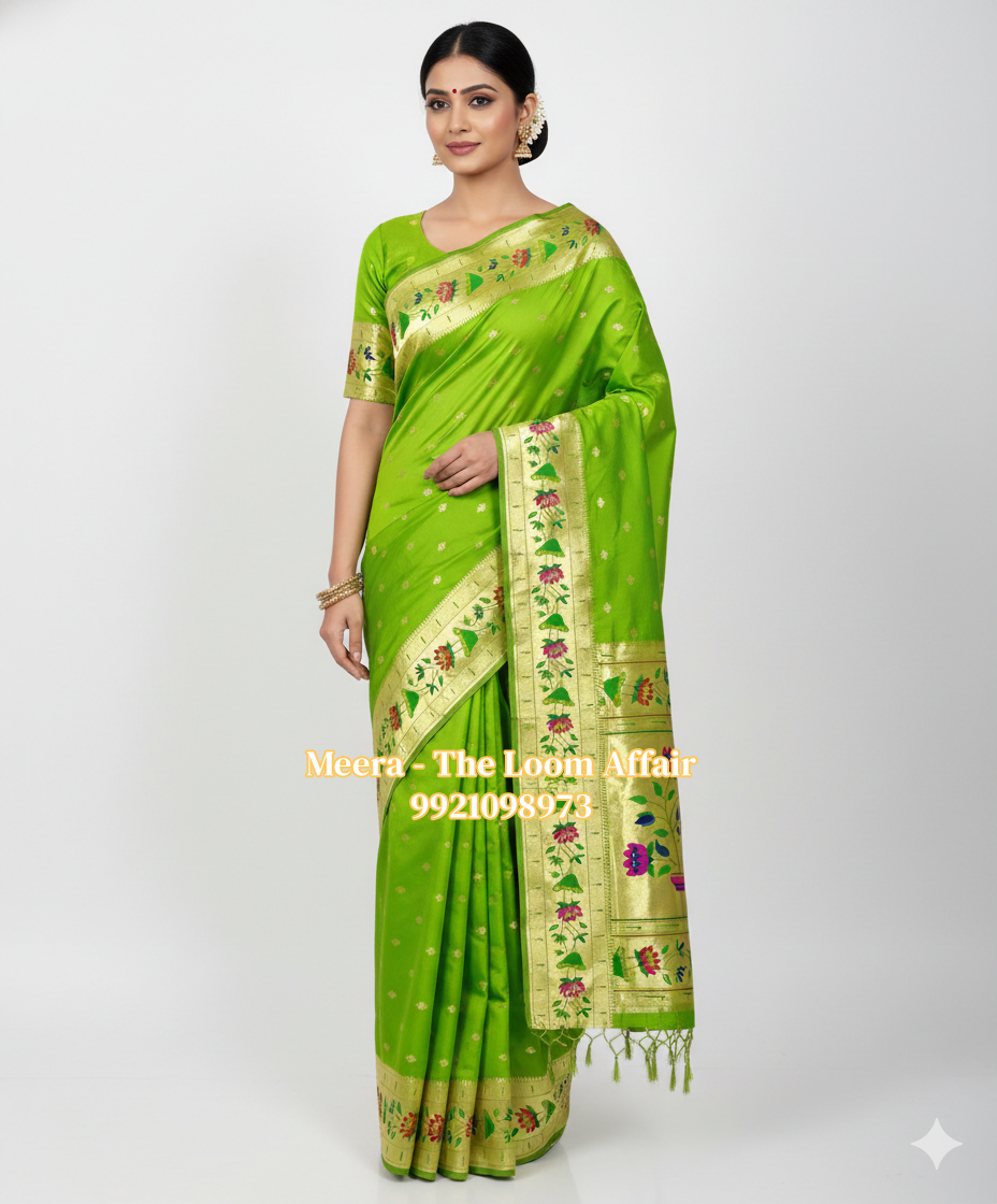 Green Lotus Border Flower Butti Paithani