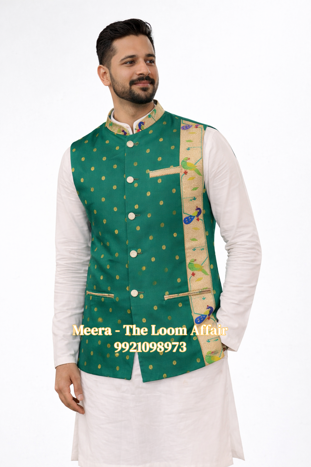 Green MorPopat Border Paithani Jacket Gents