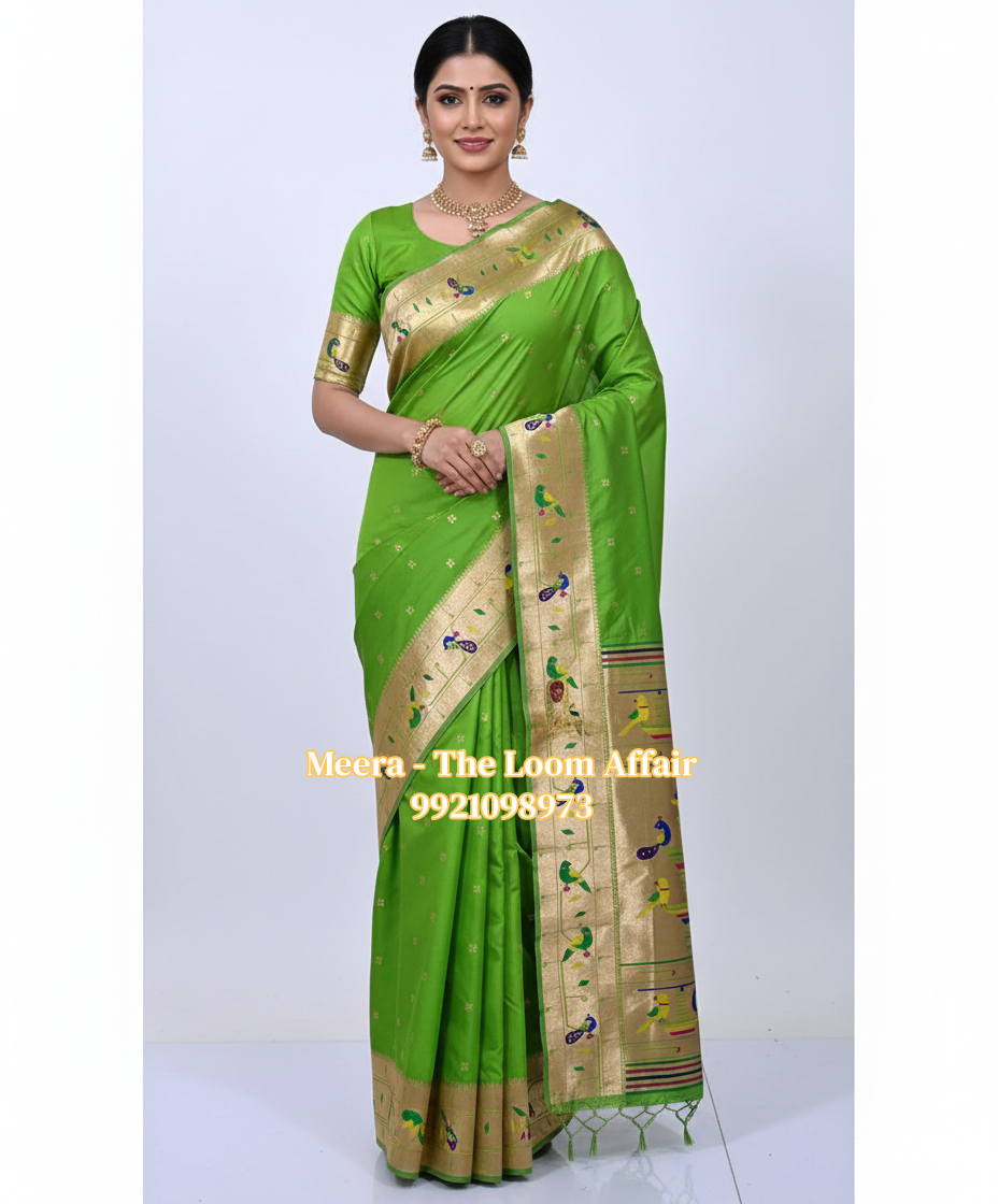 Green Mor Popat Border Flower Butti Paithani