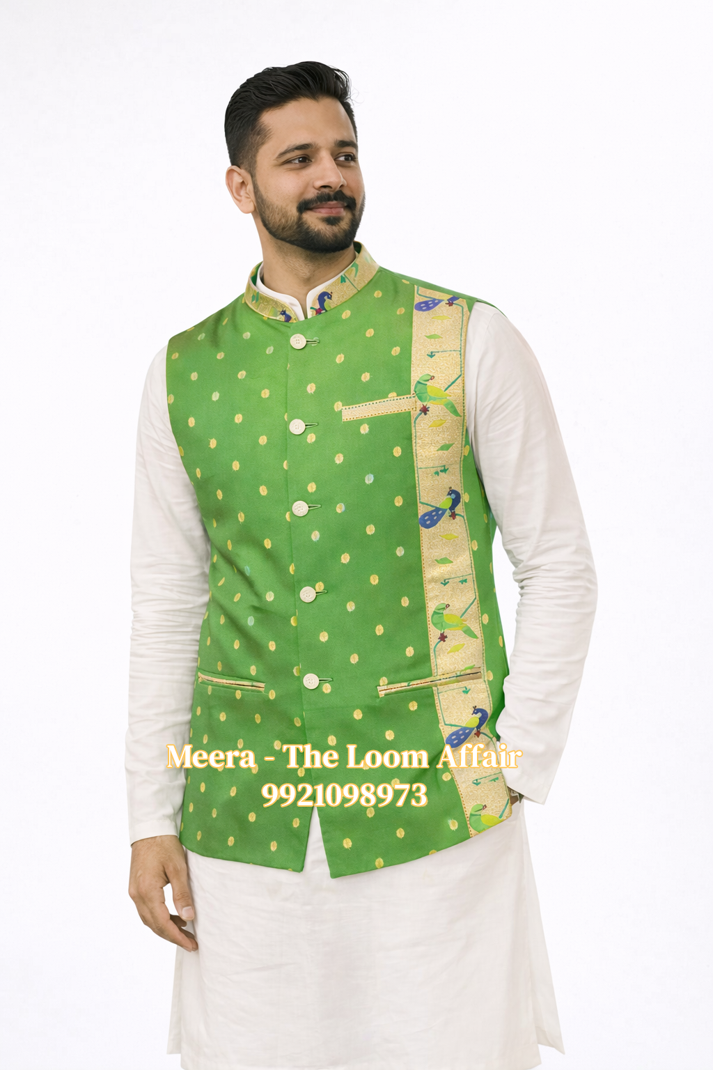 Parrot Green  MorPopat Border Paithani Jacket Gents