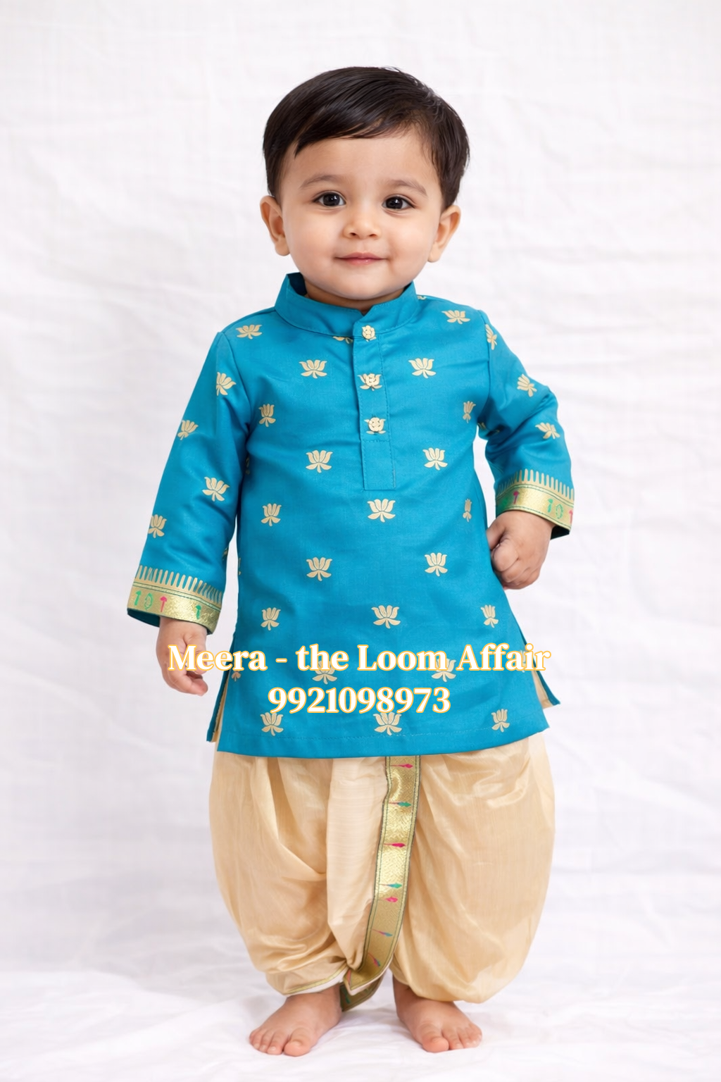 Blue Lotus Butta Kurta with Gold Dhoti