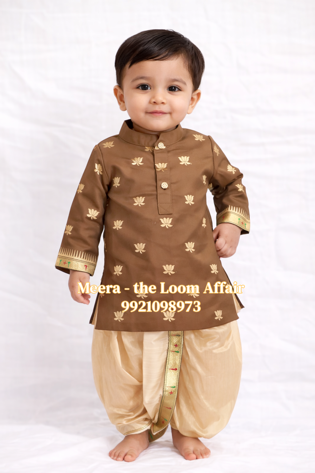 Brown Lotus Butta Kurta with Gold Dhoti