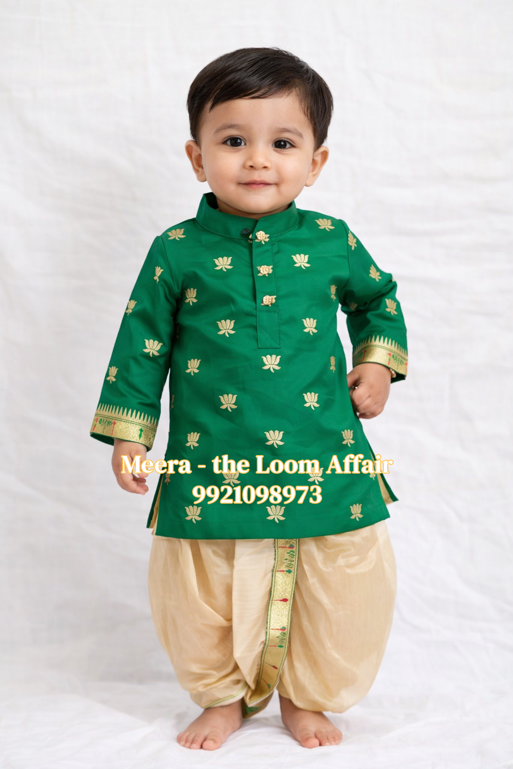 Dark Green Lotus Butta Kurta with Gold Dhoti