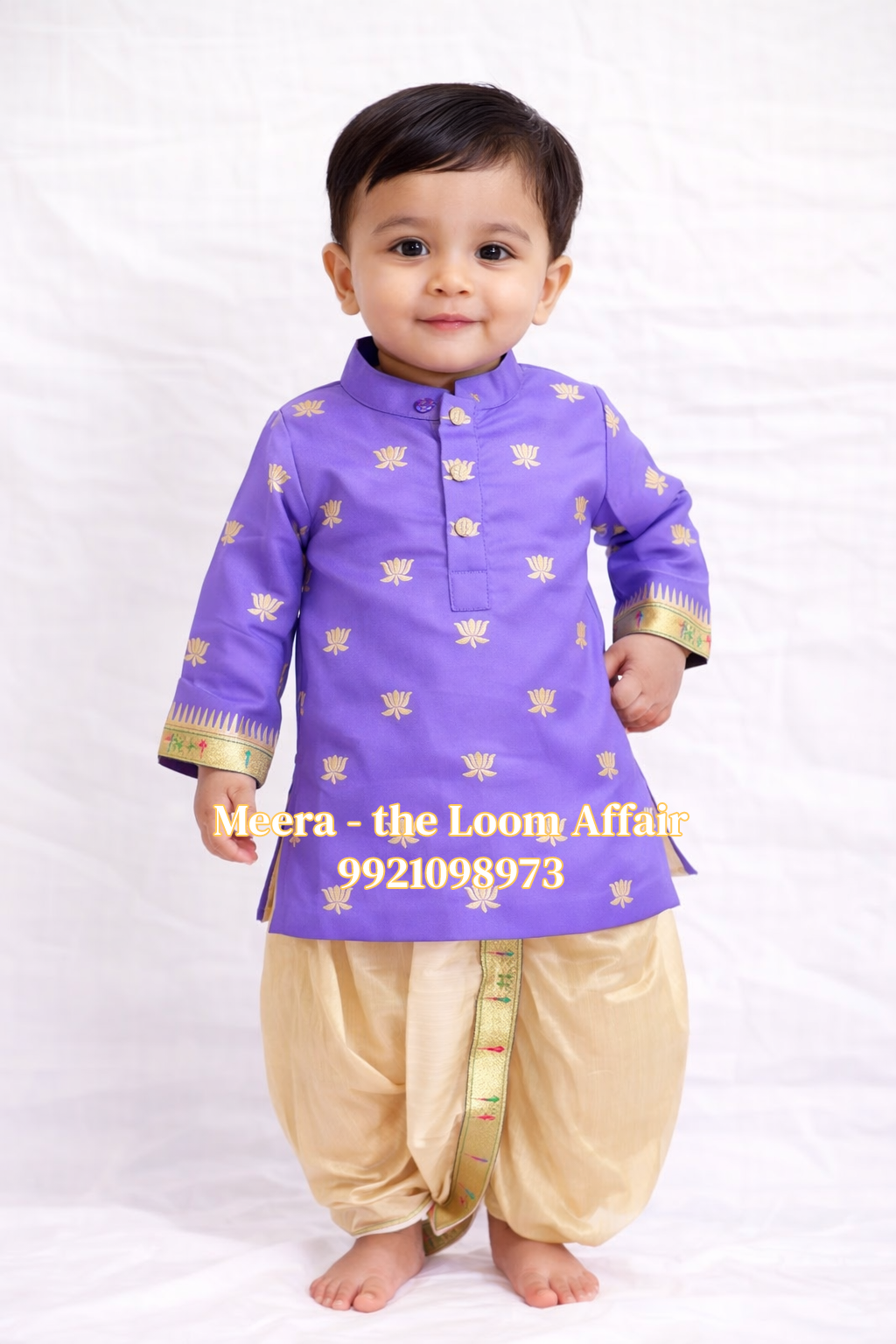 Lavender Lotus Butta Kurta with Gold Dhoti