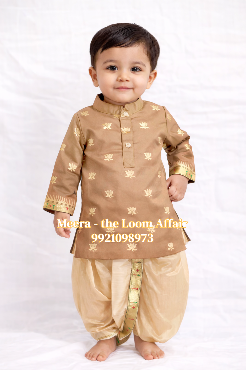 Light Brown Lotus Butta Kurta with Gold Dhoti