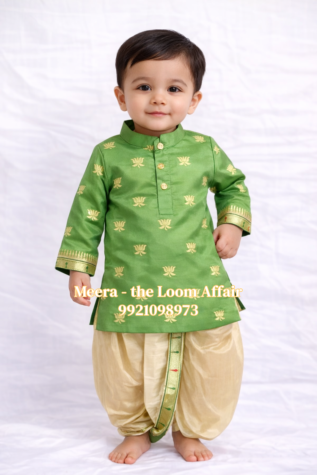 Light Green Lotus Butta Kurta with Gold Dhoti