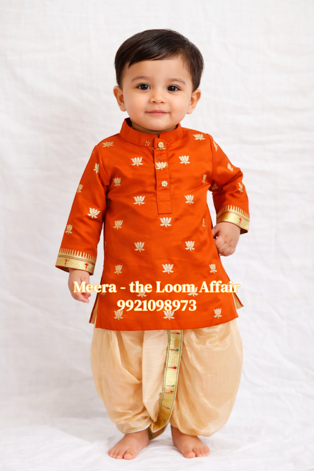 Orange Lotus Butta Kurta with Gold Dhoti