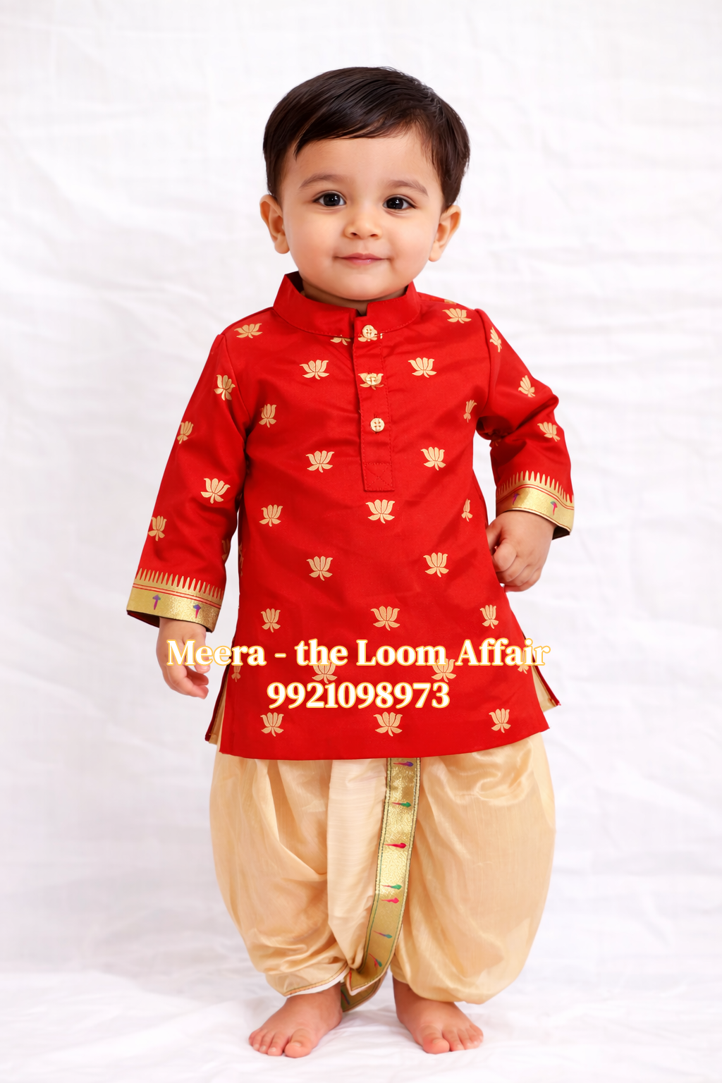 Red Lotus Butta Kurta with Gold Dhoti